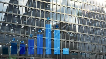 Blue growth chart with monthly index bars on the background of the office building windows. Animated 3d infographic diagram with financial and business figures for annual report and commercial use. - Powered by Adobe