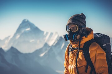 an alpinist wearing alpinism climber suit in the top of a mountain in the Himalayas