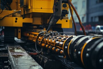 Close up of drilling machine work process for horizontal directional drilling technology. Trenchless laying of communications, pipes, and water pipes. Generative AI - obrazy, fototapety, plakaty