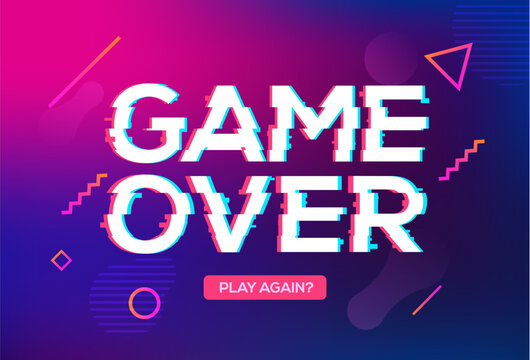 Game over screen glitch video retro pixel background. Game over glitch screen font effect