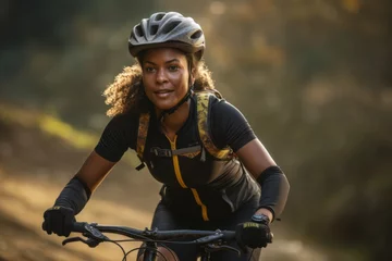 black woman riding a mountain bike rally fast in the countryside.  © urdialex