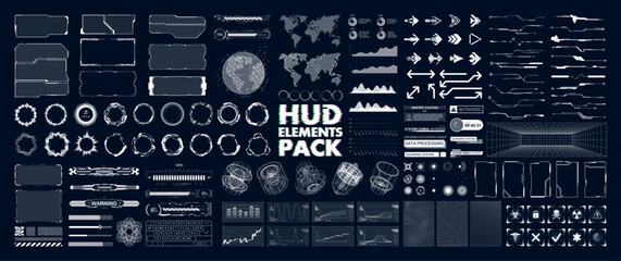 Universal HUD, UI graphic elements. Sci Futuristic User interface, callouts, arrows, loading bars, buttons, charts, menu, infographic, icons,   circle HUD, 3D elements for GUI, UI, VR design. Vector