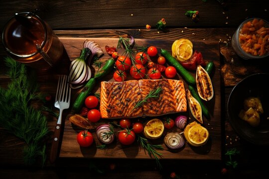 Wooden Table With Grilled Salmon And Vegetables Seen From Above. Generative AI