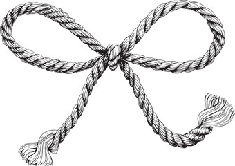 Hand drawn illustration bow knot of the rope in vector. Jute rope with bow. Twine. Isolated illustration on white background.