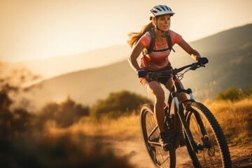 a caucasic woman ridingher mountain bike outdoors