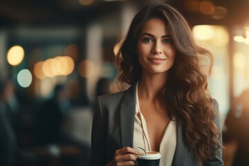 elegant woman wearing a suit drinking a cup of coffee looking to camera