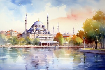 Fototapeta na wymiar A watercolor artwork of the renowned mosque in Istanbul. Generative AI