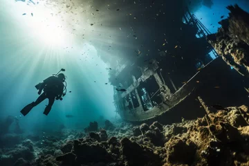 Foto op Canvas scuba diver diving underwater in a shipwreck in the sea  © urdialex