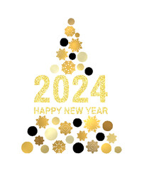 Happy new year 2024. Gold glitter greeting card design on white background. Abstract Christmas tree with golden black circles snowflakes on white background. Poster, banner vector holiday decoration.