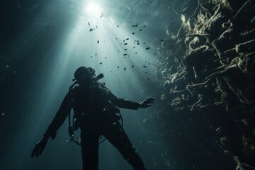scuba diver diving underwater in a shipwreck in the sea 