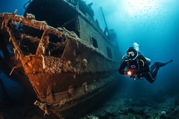 scuba diver diving underwater in a shipwreck in the sea  - obrazy, fototapety, plakaty