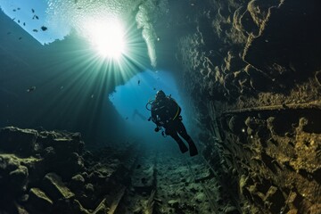 Fototapeta na wymiar scuba diver diving underwater in a shipwreck in the sea 