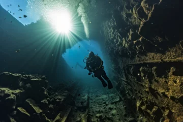 Tuinposter scuba diver diving underwater in a shipwreck in the sea  © urdialex