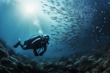 two scuba divers diving deep next to a bank of fishes