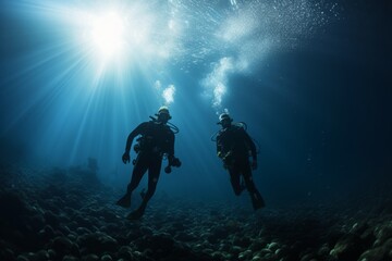 two scuba divers diving deep next to a bank of fishes - obrazy, fototapety, plakaty