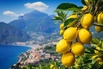 Breathtaking Amalfi landscape featuring lemons in the foreground, Italy. Generative AI