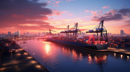 Commercial and Logistics Transportation Load ship of import and export of goods sunset  port