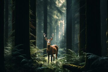 An image featuring a deer amidst pine trees. Generative AI