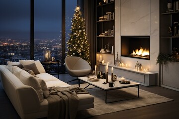 Modern apartment featuring a fireplace and Christmas decorations. Generative AI