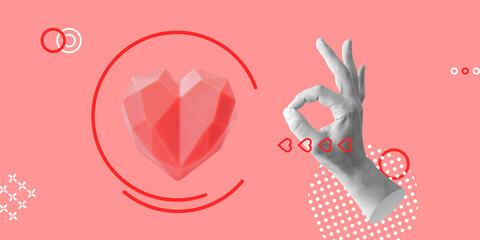 Love success concept. Symbolic heart and hand with symbolic OK gesture. Minimalist art collage