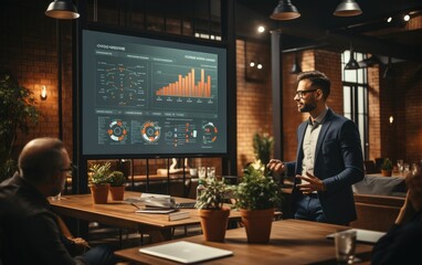 Man presenting technical presentation about data analytics projects. Generative AI