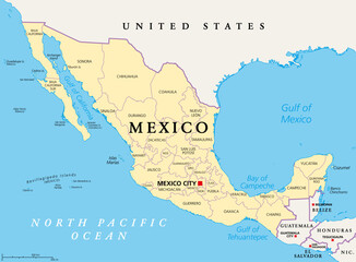 States of Mexico, political map. The United Mexican States, a country in the southern portion of North America. Federal republic composed of autonomous entities, of 31 states with capital Mexico City. - 649481292
