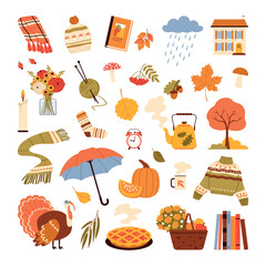 Autumn set. Objects isolated on white background. Flat vector illustration. Happy fall.
