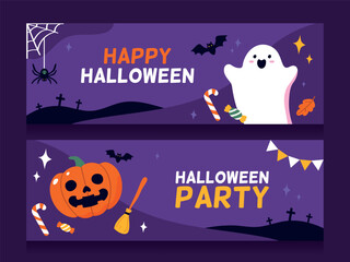 Happy Halloween horizontal banner. Purple festive banner with spooky pumpkin, ghosts,spiders and bats. Flat Vector illustration.