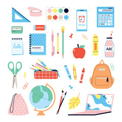 School and office stationery set. Education supplies isolated on white background. Flat vector illustration.