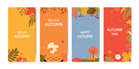 Set of autumn vertical banners. Flat Vector illustration for social media, ads, leaflets, posters and more marketing graphic design.