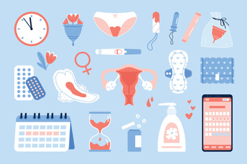 Menstrual period set. Female period products - tampon, pads, menstrual cup. Feminine menstrual care. Flat vector illustration on a blue background.