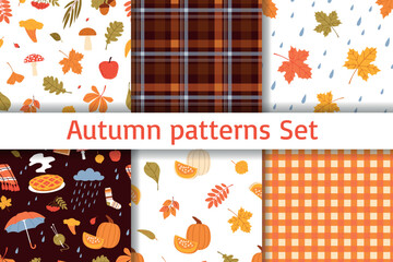 Autumn seamless patterns. Set of fall textile texture background. Flat Vector illustration for fall decoration.