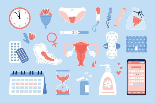Menstrual period set. Female period products - tampon, pads, menstrual cup. Feminine menstrual care. Flat vector illustration on a blue background.