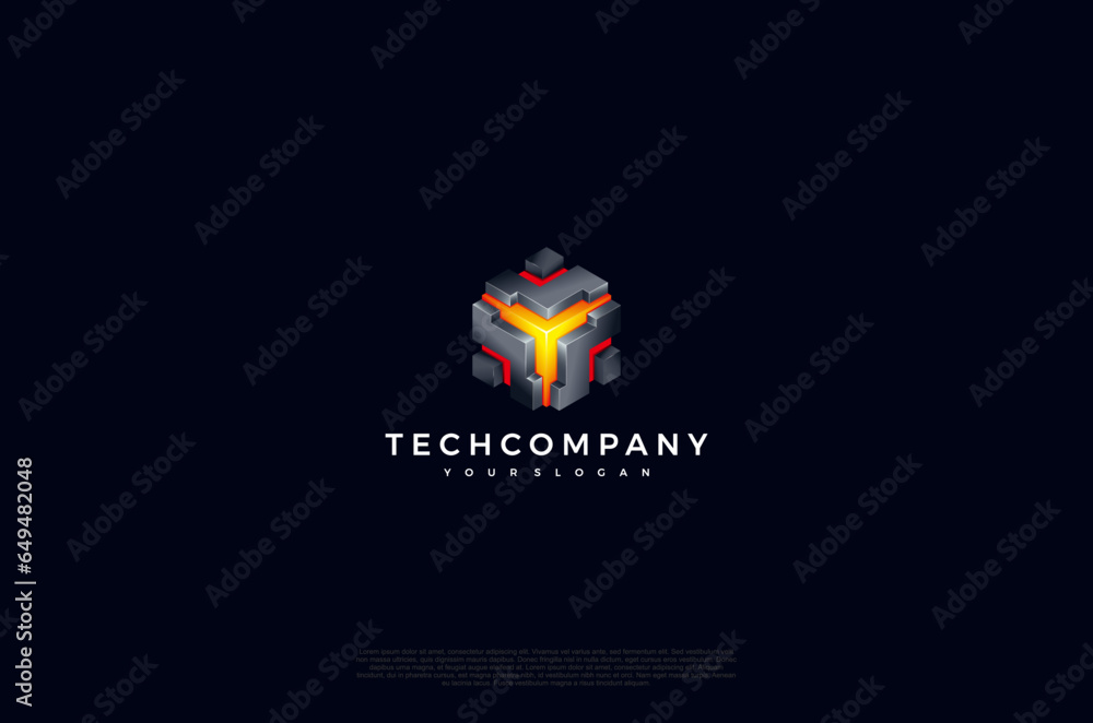 Poster abstract core 3d cube gradient shiny bright red color progressive logo technology. vector design tem