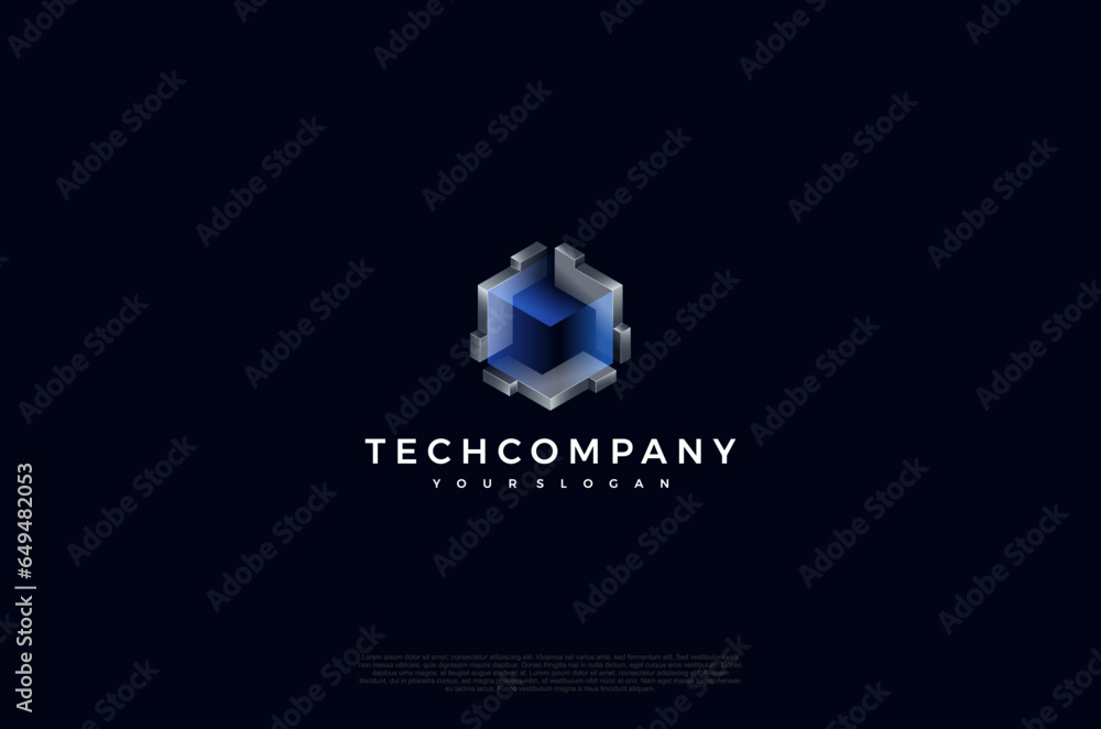 Poster abstract core 3d cube gradient shiny bright blue color progressive logo technology. vector design te