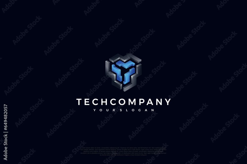 Poster abstract core 3d cube gradient shiny bright blue color progressive logo technology. vector design te