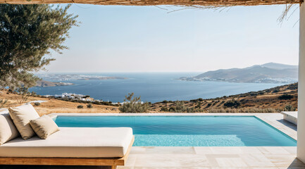 Mediterranean view and landscape from house, pool and sunbeds, beautiful sea view, greece travel and tourism concept, greece style - obrazy, fototapety, plakaty