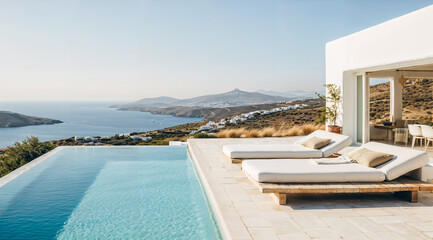 Fototapeta premium Mediterranean white house and landscape, pool and sunbeds, beautiful sea view, greece travel and tourism concept, greece style