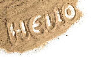 Word Hello written in sand on a white background, welcome concept for tourism and vacations on...