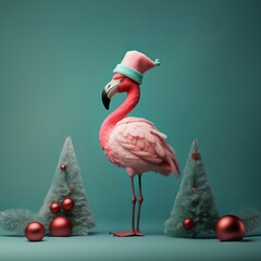 Abstract portrait of a pink flamingo wearing a santa hat, stands near a christmas trees and decoration.