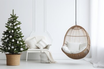  A simple white and wood room with an artificial christmas pine tree hanging in a basket. Vintage charm concept.