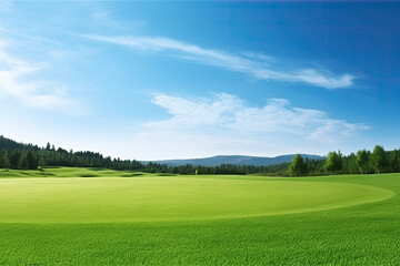 green grass on huge golf fields in summer day  - obrazy, fototapety, plakaty