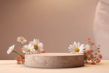 Beautiful empty stone podium with chamomile flowers on the sides with space for product or text.generative ai

