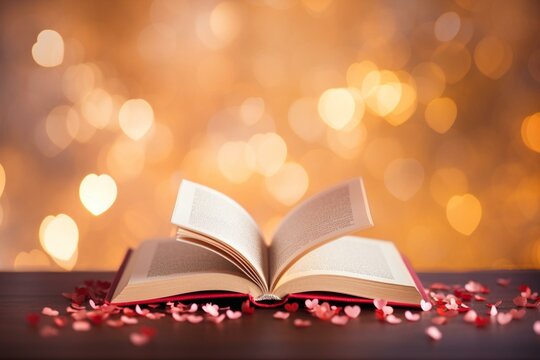 Heart-shaped paper book on a bokeh background representing Valentine's Day and the symbol of love. Generative AI