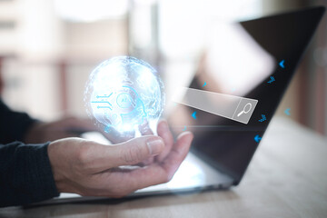 Ai tech,Data Search Technology Search Engine Optimization. man's hands are using a Ai chat bot to...
