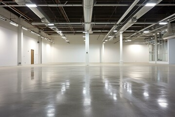 Modern, spacious warehouse with sleek lighting, below-ground parking, and polished concrete floor. Generative AI