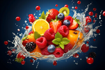 Beautiful water splash from various fruits on a beautiful dark blue background.generative ai
