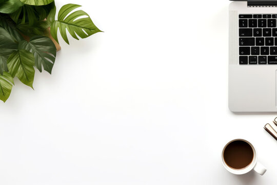 White empty background with a laptop and coffee in the right part of the image and a green leaf in the left part with space for text, inscriptions or graphics. View from above
