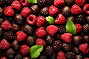 Beautiful background with chocolate candies, raspberries, blackberries and green mint leaves on dark background, top view.generative ai
