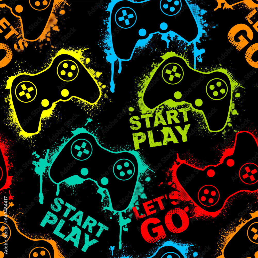 Aufkleber seamless abstract pattern with colourful silhouettes joystick game. background for boys.